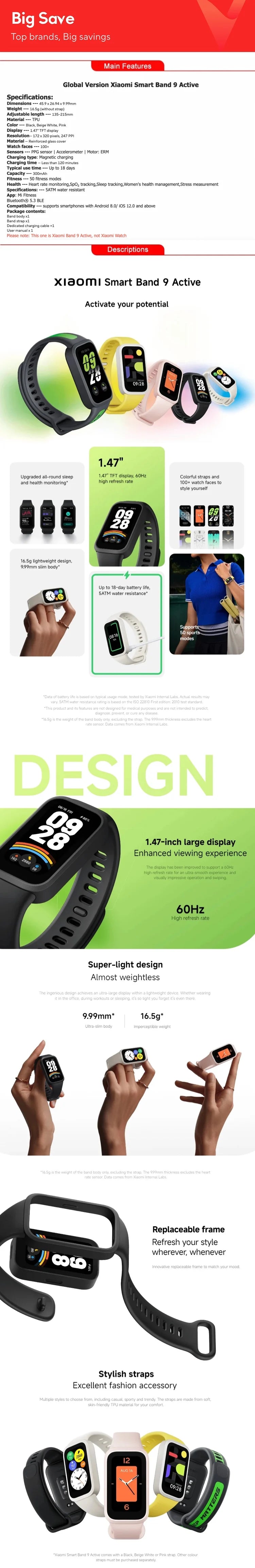 Global Version Xiaomi Smart Band 9 Active Bluetooth Smartwatch 1.47" TFT Screen 18 Days Battery Life Sports Modes Sleep Tracking