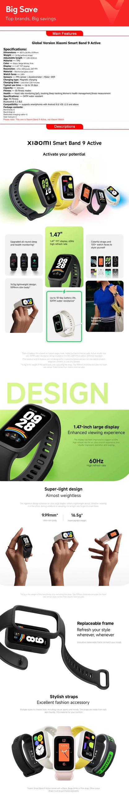 Global Version Xiaomi Smart Band 9 Active Bluetooth Smartwatch 1.47" TFT Screen 18 Days Battery Life Sports Modes Sleep Tracking