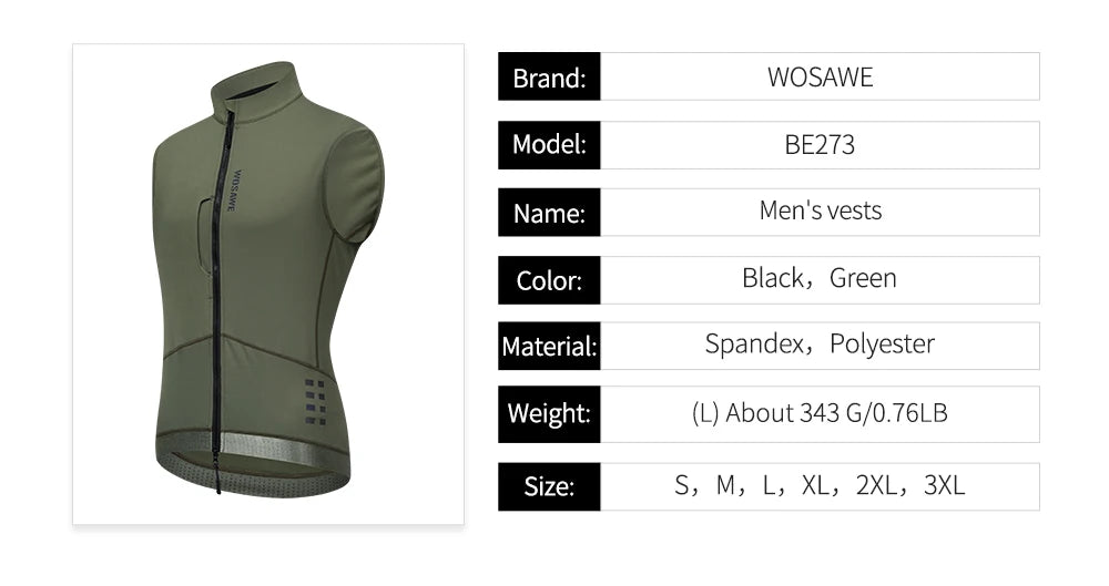 WOSAWE Thermal Winter Cycling Vest Windproof Bike Jacket Sleeveless Windbreaker Back Pockets for Men and Women