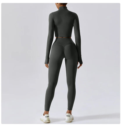 Women Zip Yoga Jacket Outdoor Running Sports Jacket Gym Push Up Fitness Long Sleeved Jacket Quick Drying Thumb Button Yoga Top