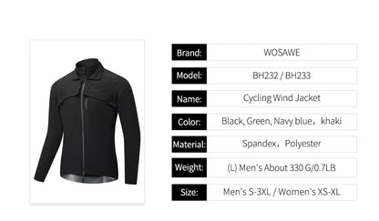 WOSAWE Windproof Waterproof Ultralight Cycling Jacket MTB Bicycle Long Sleeve Windbreaker Detachable Sleeveless Bike Coat