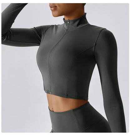 Women Zip Yoga Jacket Outdoor Running Sports Jacket Gym Push Up Fitness Long Sleeved Jacket Quick Drying Thumb Button Yoga Top