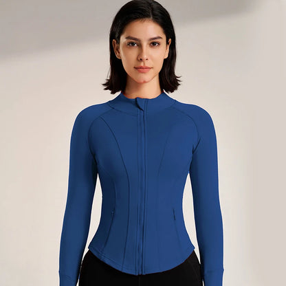 Women's Sport Jackets Zipper Slim Yoga Coat Quick Dry Running Jacket Elastic Long Sleeve Thumb Hole Gym Fitness Top
