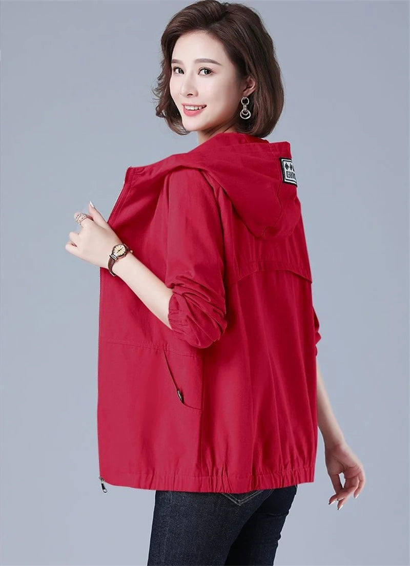 Women’s Jacket 2023 New Autumn Long Sleeve Casual Windbreaker Famale Hooded Pocket Zipper Bomber Jacket Loose Outerwear 6XL