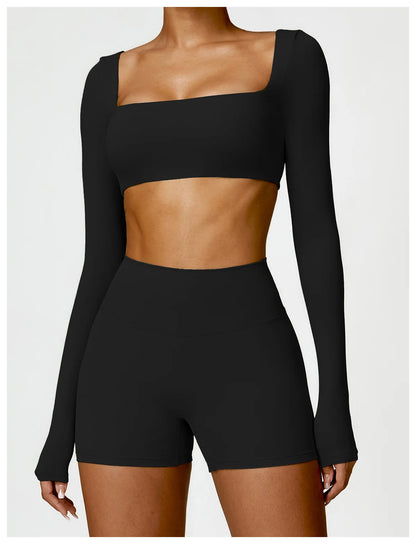 Hearuisavy Casual Quick Dry Sportswear Women Square Neck Gym Top Women Fitness Sports Crop Top Female Long Sleeve Yoga Clothing