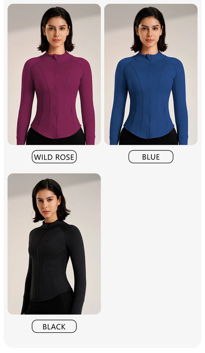 Women's Sport Jackets Zipper Slim Yoga Coat Quick Dry Running Jacket Elastic Long Sleeve Thumb Hole Gym Fitness Top