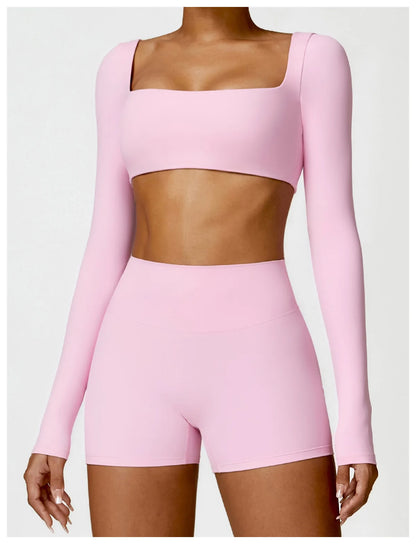 Hearuisavy Casual Quick Dry Sportswear Women Square Neck Gym Top Women Fitness Sports Crop Top Female Long Sleeve Yoga Clothing