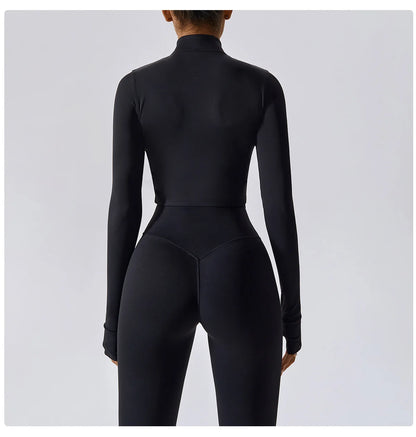Women Zip Yoga Jacket Outdoor Running Sports Jacket Gym Push Up Fitness Long Sleeved Jacket Quick Drying Thumb Button Yoga Top