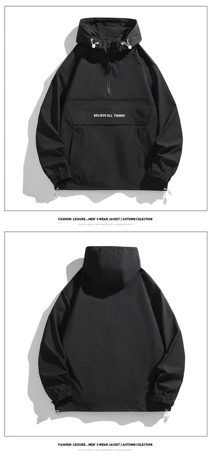New Men Spring Autumn Waterproof Casual Versatile Top Japanese Korean Streetwear Fashion Loose Pullover Half Zip Hooded Jacket