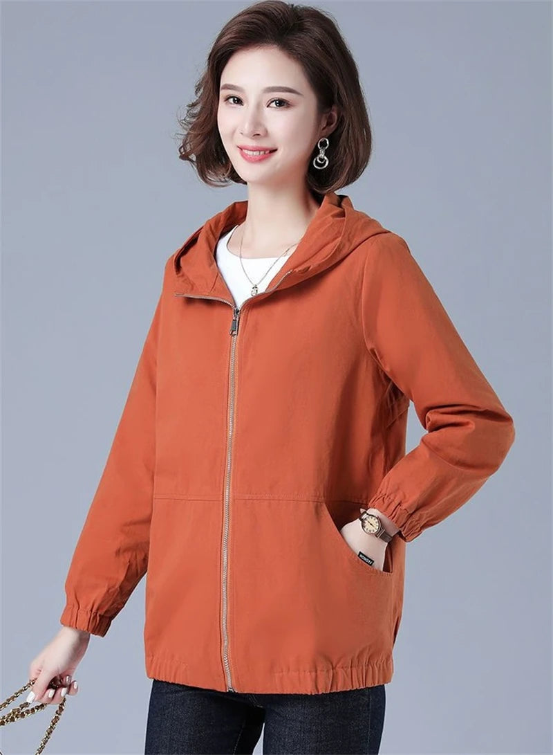 Women’s Jacket 2023 New Autumn Long Sleeve Casual Windbreaker Famale Hooded Pocket Zipper Bomber Jacket Loose Outerwear 6XL