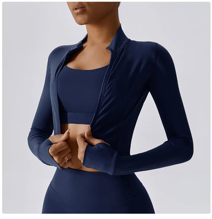 Women Zip Yoga Jacket Outdoor Running Sports Jacket Gym Push Up Fitness Long Sleeved Jacket Quick Drying Thumb Button Yoga Top