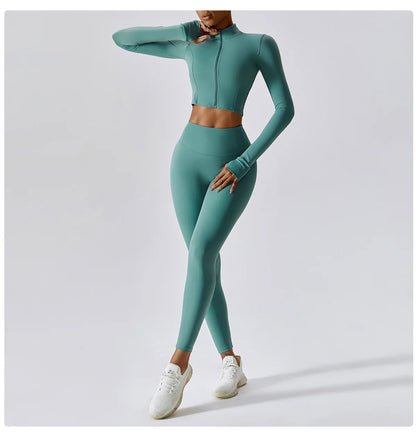 Women Zip Yoga Jacket Outdoor Running Sports Jacket Gym Push Up Fitness Long Sleeved Jacket Quick Drying Thumb Button Yoga Top