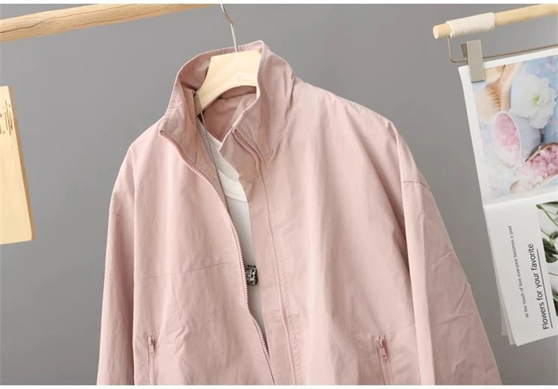 Spring Autumn Thin Cardigan Jacket Women's 2025 Jackets Zipper Long Sleeve Simple Fashionable Solid High-necked Female Coat Tops
