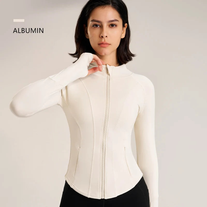 Women's Sport Jackets Zipper Slim Yoga Coat Quick Dry Running Jacket Elastic Long Sleeve Thumb Hole Gym Fitness Top
