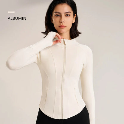 Women's Sport Jackets Zipper Slim Yoga Coat Quick Dry Running Jacket Elastic Long Sleeve Thumb Hole Gym Fitness Top