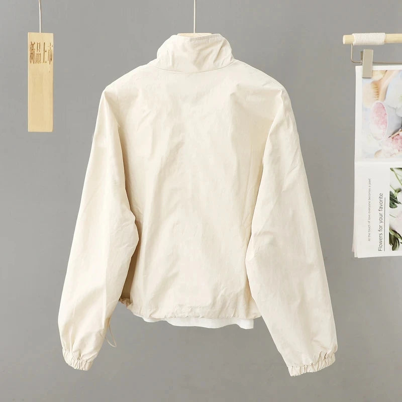 Spring Autumn Thin Cardigan Jacket Women's 2025 Jackets Zipper Long Sleeve Simple Fashionable Solid High-necked Female Coat Tops