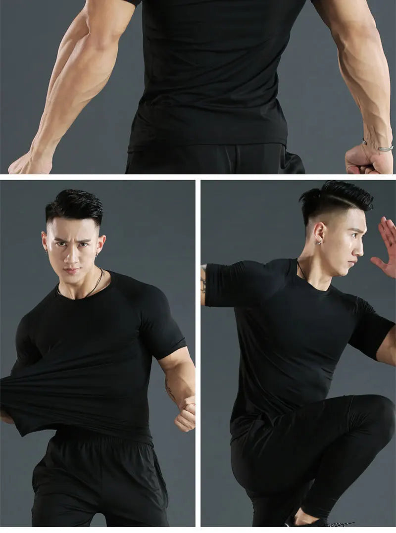 Sports T-shirt men's quick drying short sleeved sports T-shirt top gym fitness tight fitting shirt training running T-shirt men'