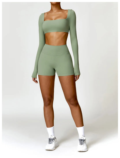 Hearuisavy Casual Quick Dry Sportswear Women Square Neck Gym Top Women Fitness Sports Crop Top Female Long Sleeve Yoga Clothing