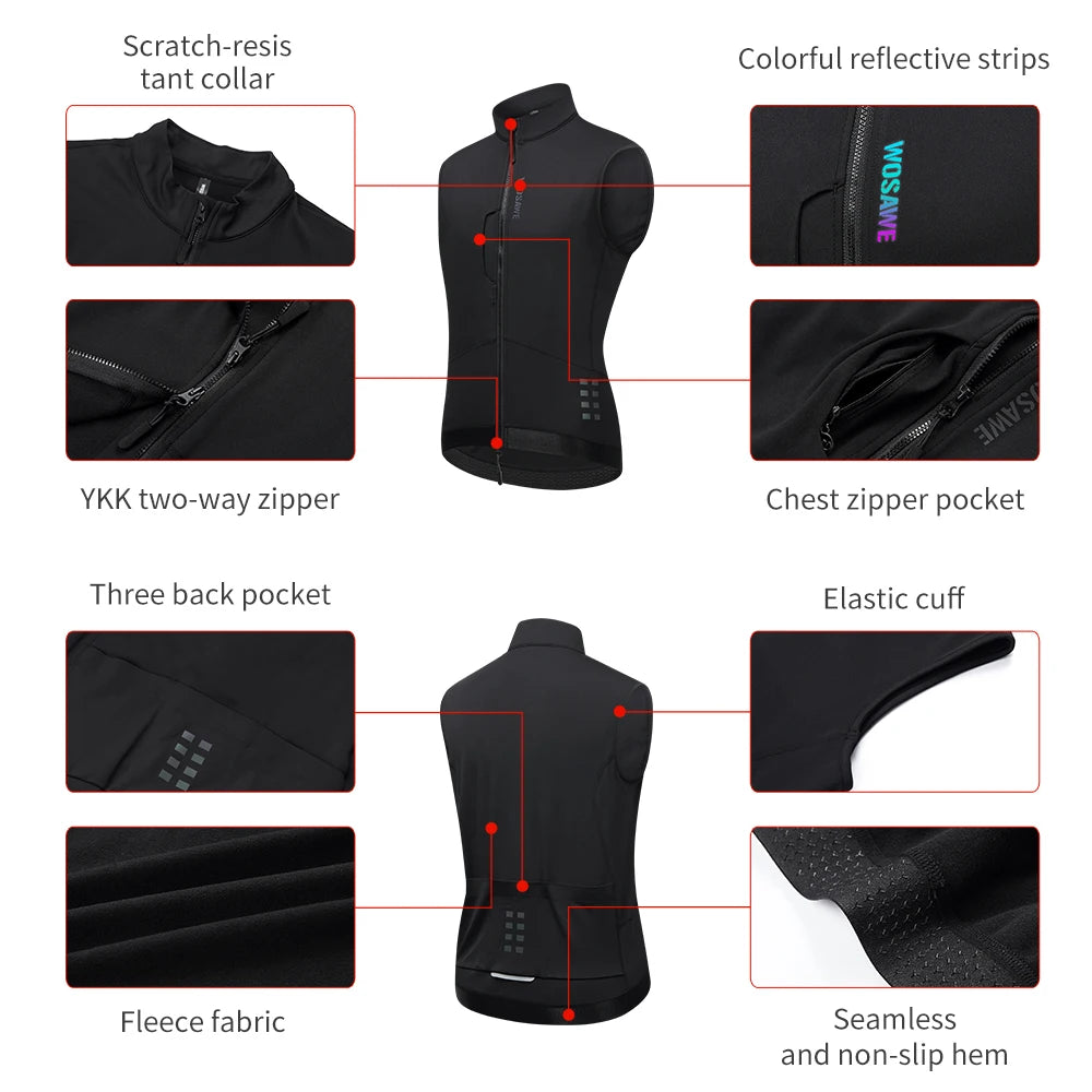 WOSAWE Thermal Winter Cycling Vest Windproof Bike Jacket Sleeveless Windbreaker Back Pockets for Men and Women