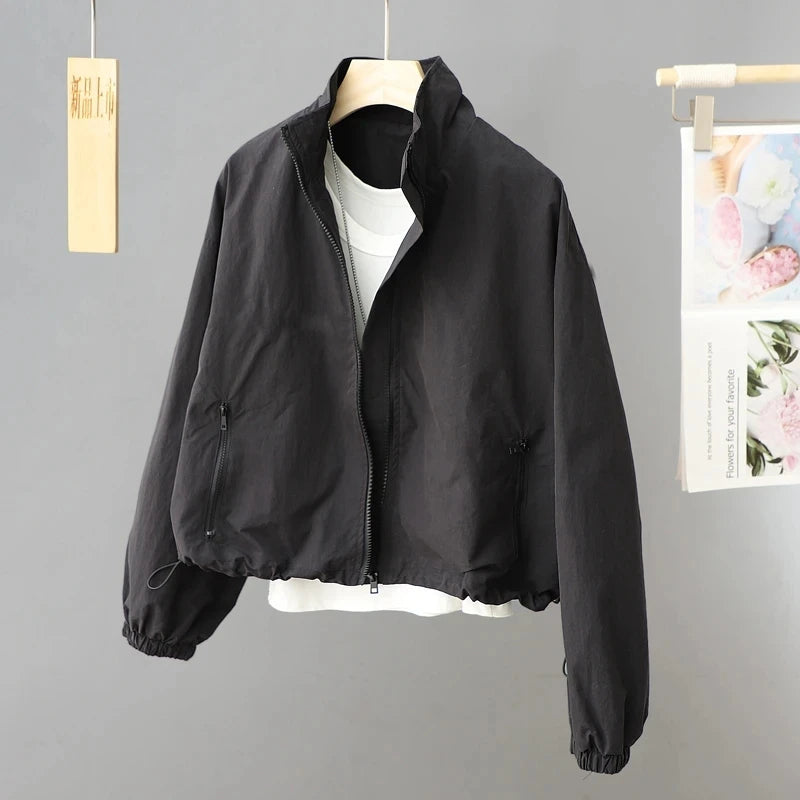 Spring Autumn Thin Cardigan Jacket Women's 2025 Jackets Zipper Long Sleeve Simple Fashionable Solid High-necked Female Coat Tops