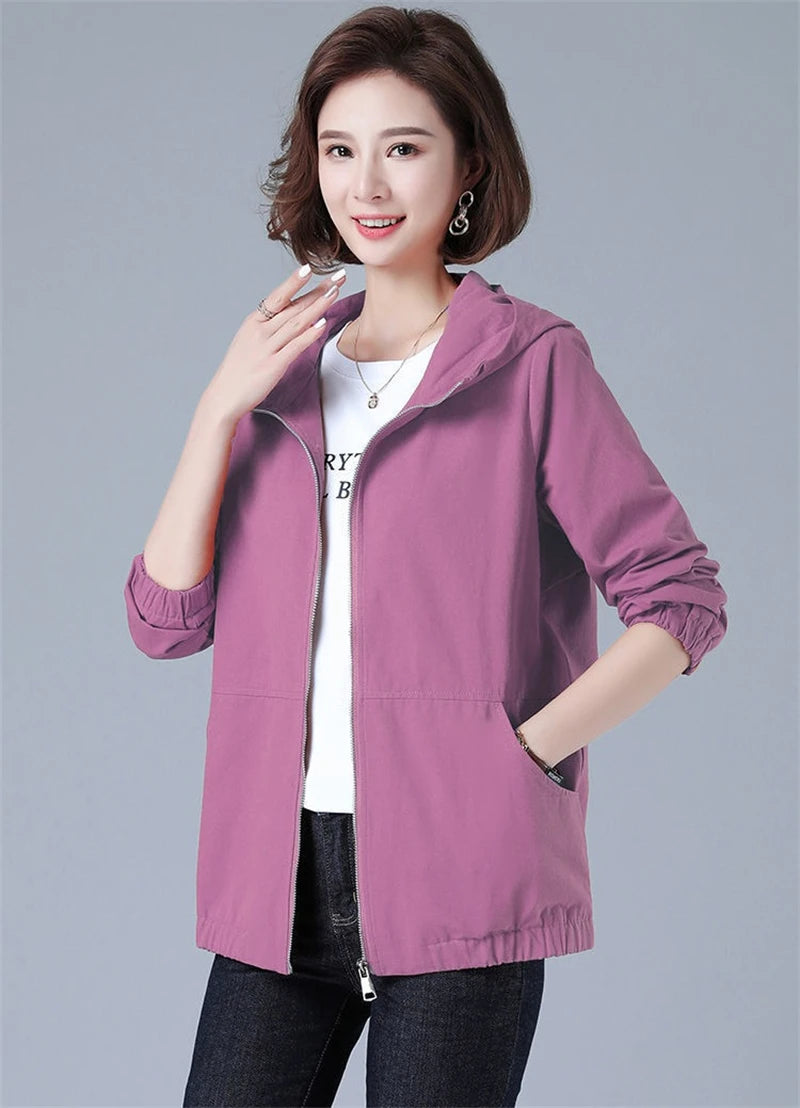Women’s Jacket 2023 New Autumn Long Sleeve Casual Windbreaker Famale Hooded Pocket Zipper Bomber Jacket Loose Outerwear 6XL
