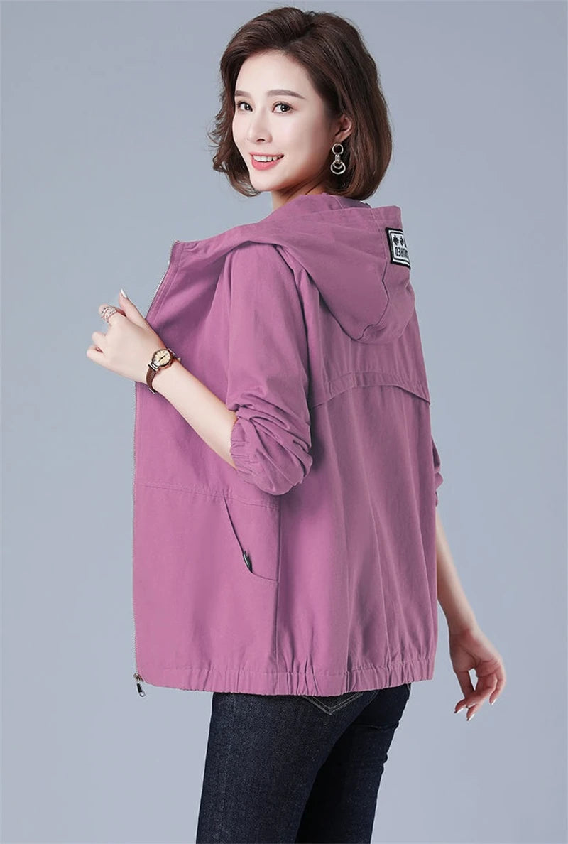 Women’s Jacket 2023 New Autumn Long Sleeve Casual Windbreaker Famale Hooded Pocket Zipper Bomber Jacket Loose Outerwear 6XL