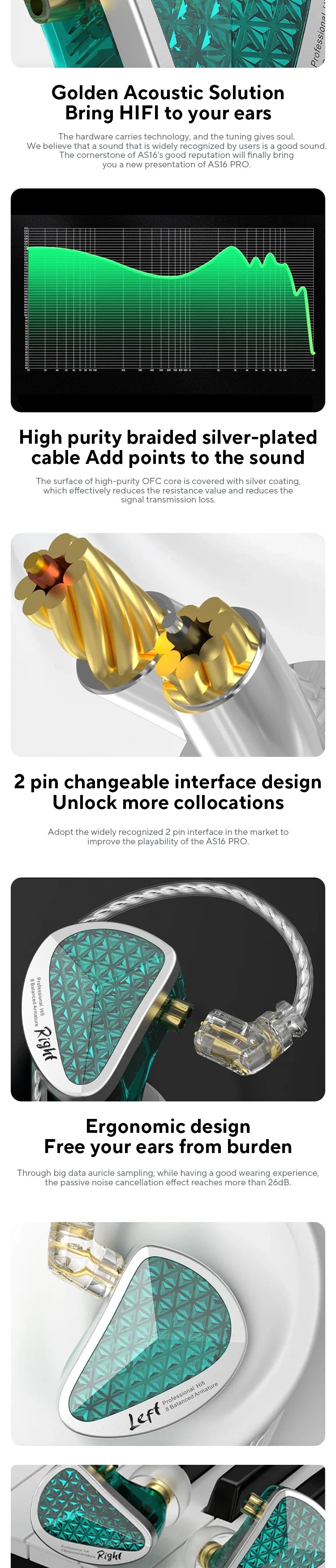 KZ AS16 Pro In Ear Earphones 16BA Balanced Armature HIFI Bass Monitor Headphones Noise Cancelling Earbuds Sport Headset