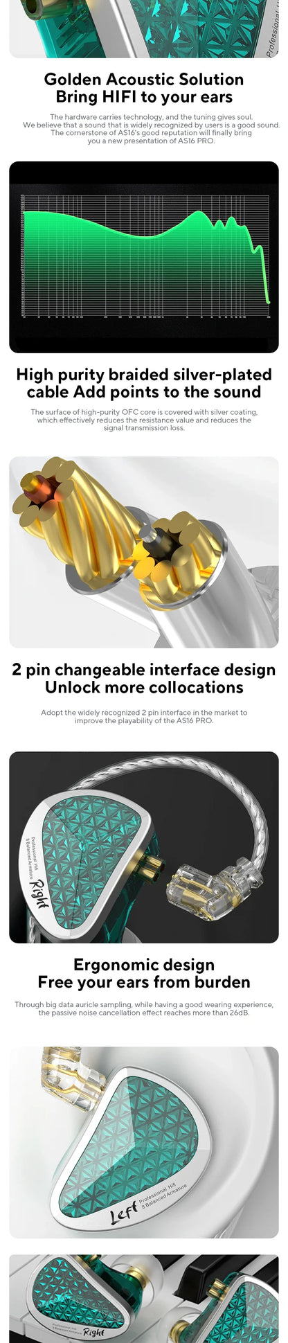 KZ AS16 Pro In Ear Earphones 16BA Balanced Armature HIFI Bass Monitor Headphones Noise Cancelling Earbuds Sport Headset