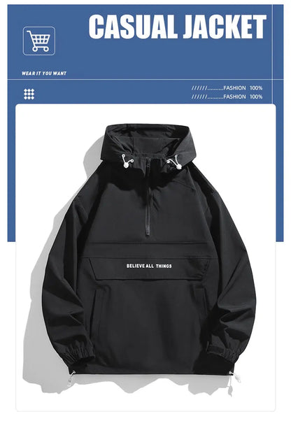 New Men Spring Autumn Waterproof Casual Versatile Top Japanese Korean Streetwear Fashion Loose Pullover Half Zip Hooded Jacket