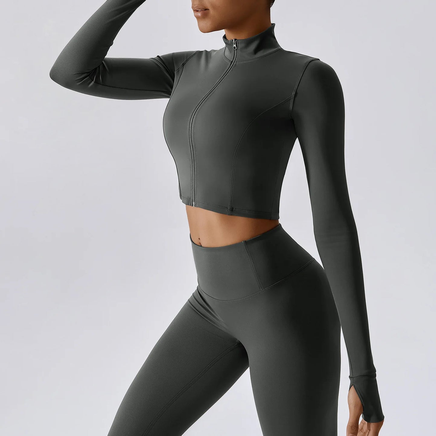 Women Zip Yoga Jacket Outdoor Running Sports Jacket Gym Push Up Fitness Long Sleeved Jacket Quick Drying Thumb Button Yoga Top