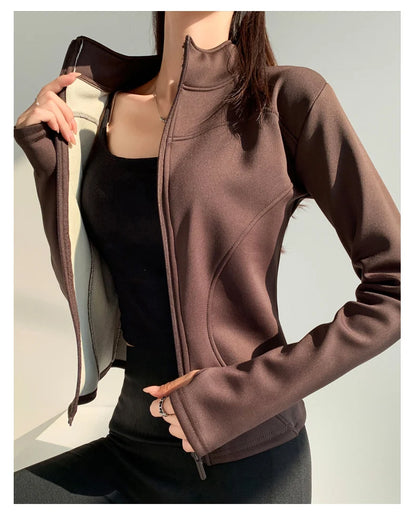 slim fit long sleeves jacket full-zipper fleece warm winter thick coat outer wear women gym fitness yoga tops