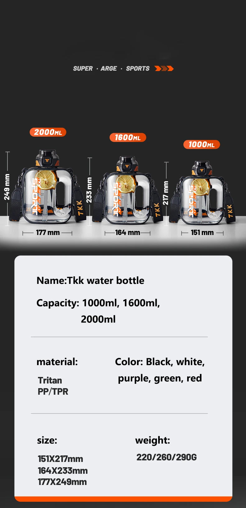 TKK 1/1.6/2L Sports Water Bottle TRITAN Large Capacity Creative Cup Heat Resistant Outdoor Adult Travel Kettle Gym Fitness Jugs