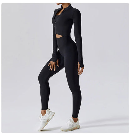 Women Zip Yoga Jacket Outdoor Running Sports Jacket Gym Push Up Fitness Long Sleeved Jacket Quick Drying Thumb Button Yoga Top