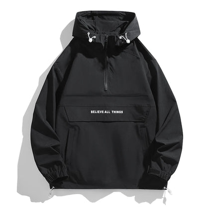 New Men Spring Autumn Waterproof Casual Versatile Top Japanese Korean Streetwear Fashion Loose Pullover Half Zip Hooded Jacket