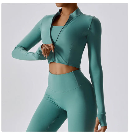 Women Zip Yoga Jacket Outdoor Running Sports Jacket Gym Push Up Fitness Long Sleeved Jacket Quick Drying Thumb Button Yoga Top