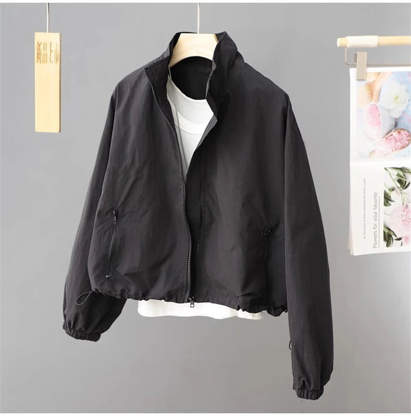 Spring Autumn Thin Cardigan Jacket Women's 2025 Jackets Zipper Long Sleeve Simple Fashionable Solid High-necked Female Coat Tops