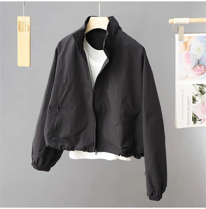 Spring Autumn Thin Cardigan Jacket Women's 2025 Jackets Zipper Long Sleeve Simple Fashionable Solid High-necked Female Coat Tops