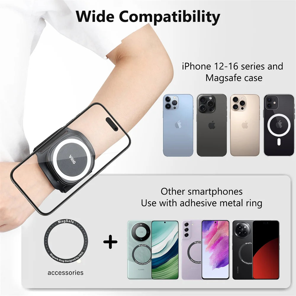 VRIG MagSafe Magnetic Phone Holder Wrist Strap Bracket Magnet Grip for iPhone 16 5 14 Android Running Cycling Running Gym Holder