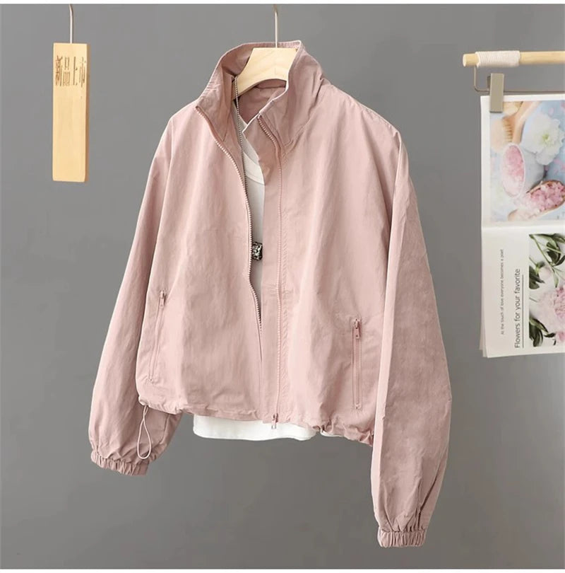 Spring Autumn Thin Cardigan Jacket Women's 2025 Jackets Zipper Long Sleeve Simple Fashionable Solid High-necked Female Coat Tops