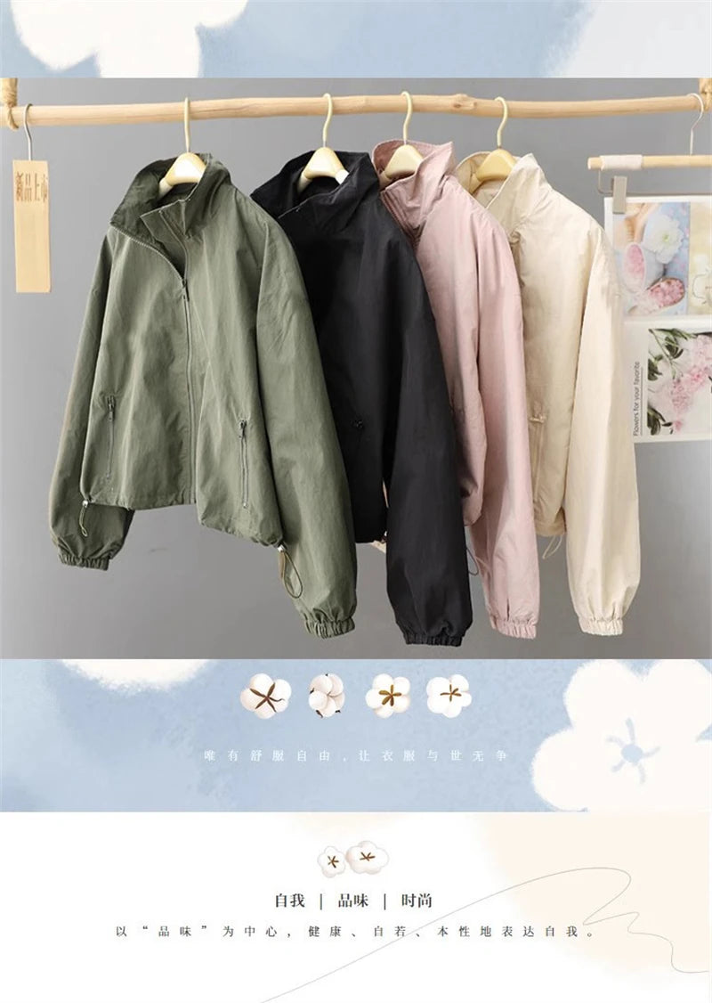 Spring Autumn Thin Cardigan Jacket Women's 2025 Jackets Zipper Long Sleeve Simple Fashionable Solid High-necked Female Coat Tops
