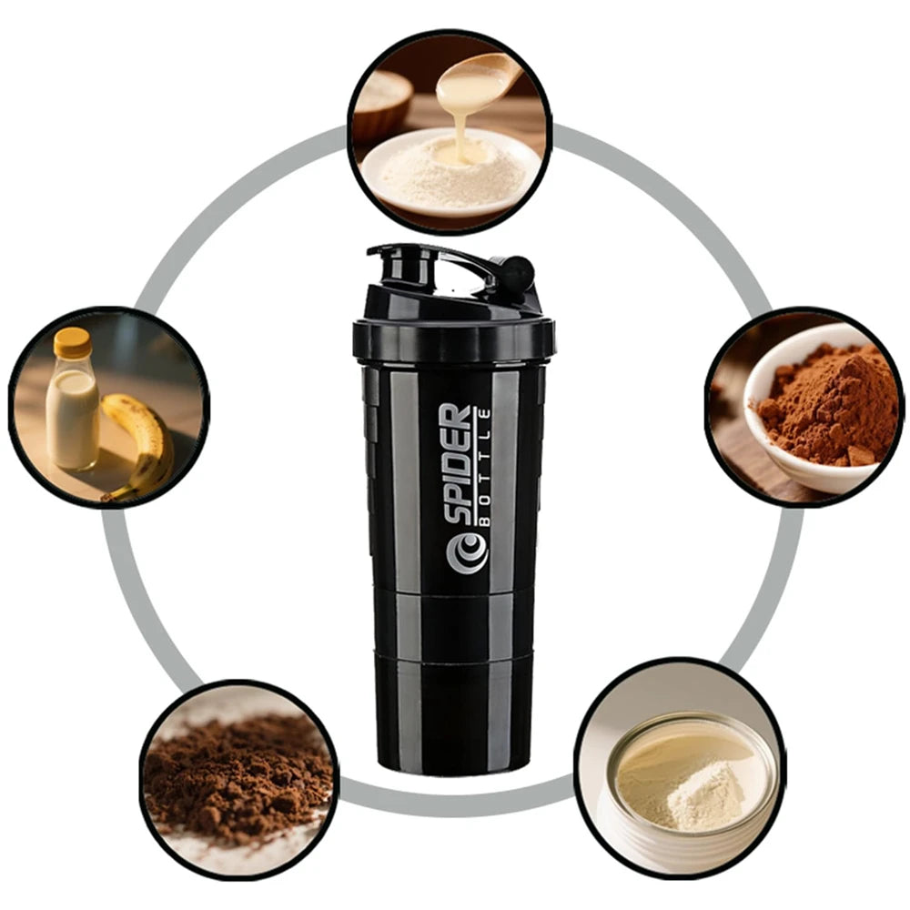 1pc Protein Shaker Bottle Portable 16oz Powder Shake Cup 3 Layers  Shaker Protein Bottle with 3oz twist-off cups & pill tray