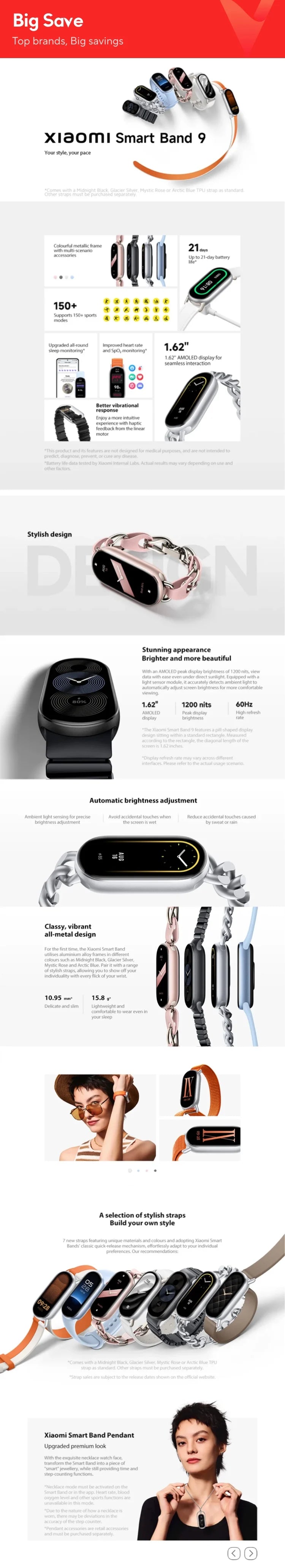 Global Version Xiaomi Smart Band 9 1.62‘’ AMOLED Display 21 Days Battery Life Supports 150+ Sports Modes 5ATM Bluetooth 5.4