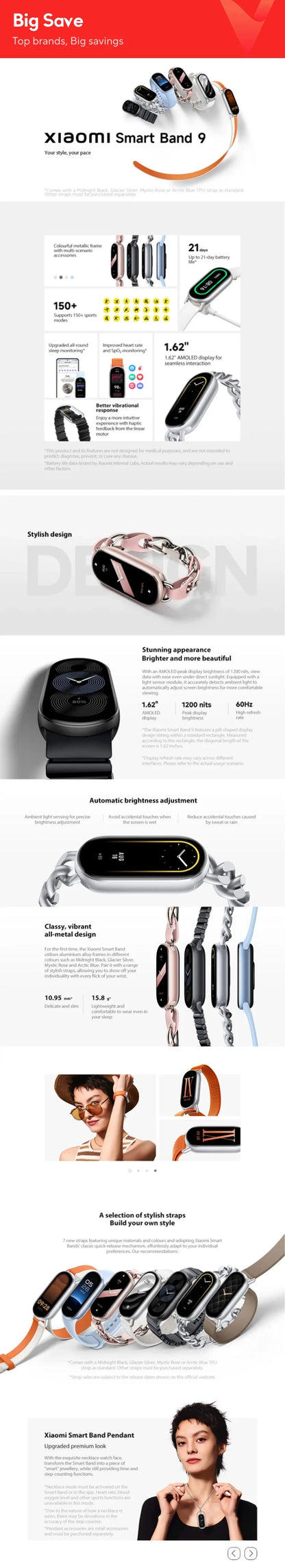 Global Version Xiaomi Smart Band 9 1.62‘’ AMOLED Display 21 Days Battery Life Supports 150+ Sports Modes 5ATM Bluetooth 5.4