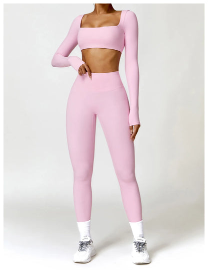 Hearuisavy Casual Quick Dry Sportswear Women Square Neck Gym Top Women Fitness Sports Crop Top Female Long Sleeve Yoga Clothing