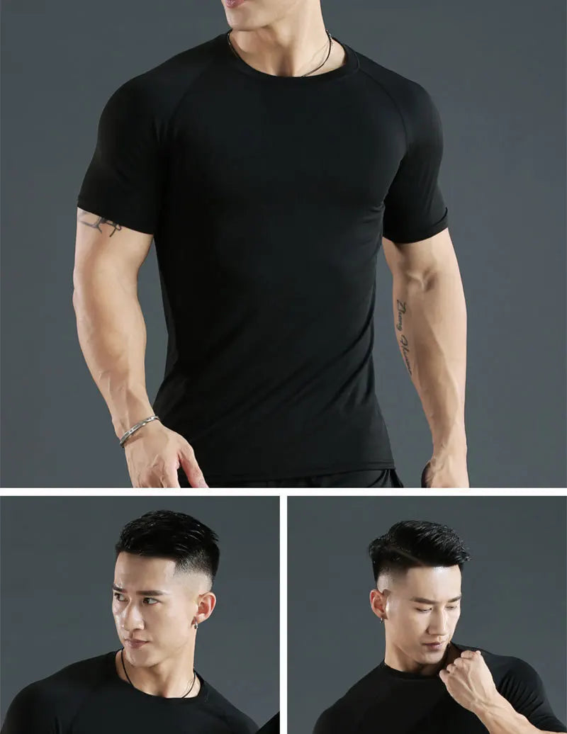 Sports T-shirt men's quick drying short sleeved sports T-shirt top gym fitness tight fitting shirt training running T-shirt men'