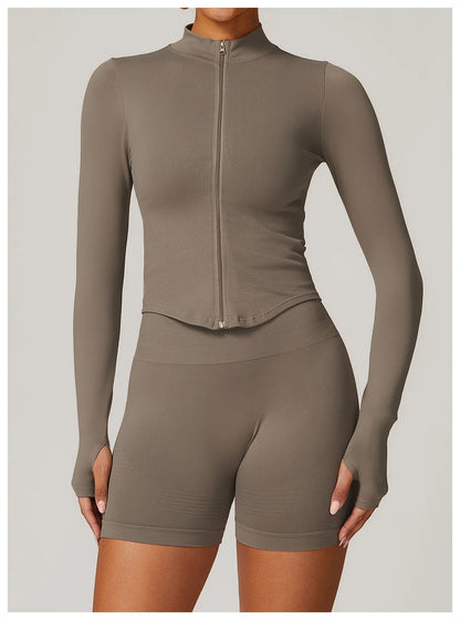 Zipper Jacket Women Crop Tops Yoga T-shirts Solid Sports Top Long Sleeve Running Shirts Sexy Quick Dry Fitness Gym Sport Wear