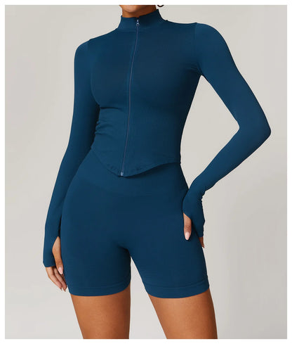 Zipper Jacket Women Crop Tops Yoga T-shirts Solid Sports Top Long Sleeve Running Shirts Sexy Quick Dry Fitness Gym Sport Wear