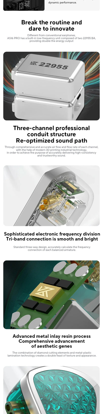 KZ AS16 Pro In Ear Earphones 16BA Balanced Armature HIFI Bass Monitor Headphones Noise Cancelling Earbuds Sport Headset