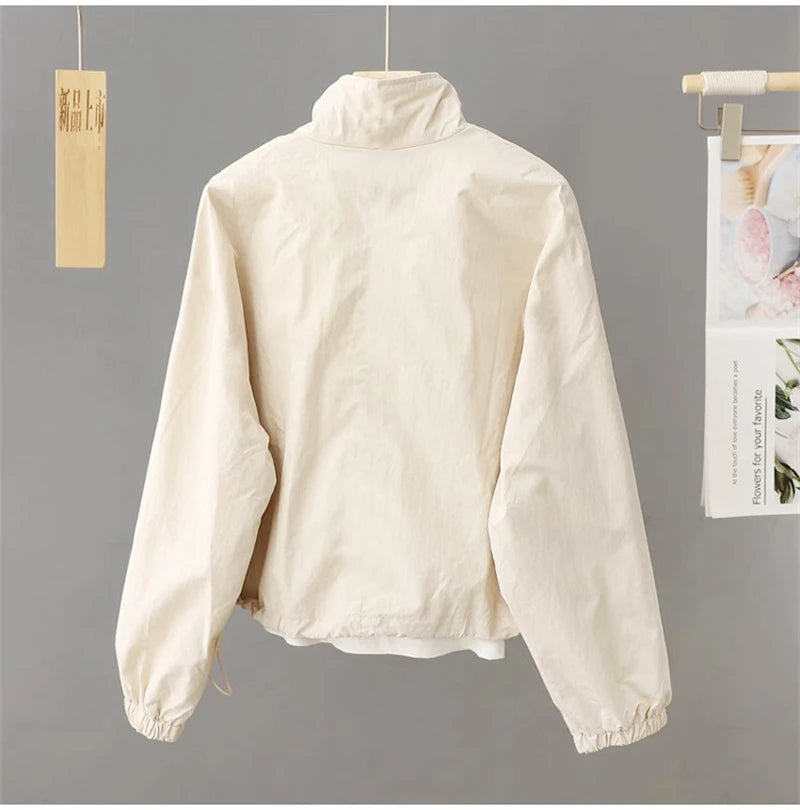 Spring Autumn Thin Cardigan Jacket Women's 2025 Jackets Zipper Long Sleeve Simple Fashionable Solid High-necked Female Coat Tops