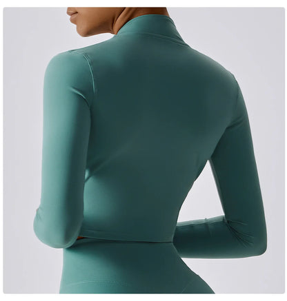 Women Zip Yoga Jacket Outdoor Running Sports Jacket Gym Push Up Fitness Long Sleeved Jacket Quick Drying Thumb Button Yoga Top